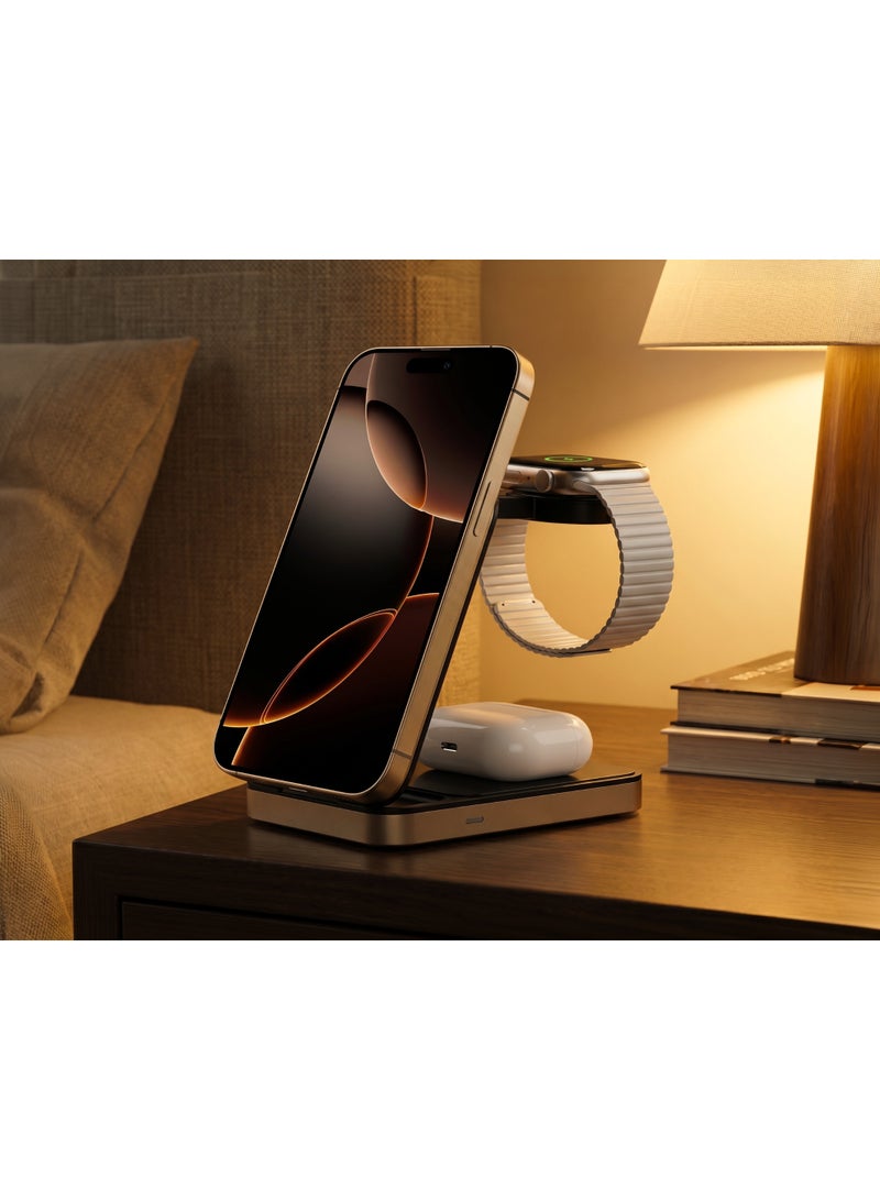 FIFTH ELEMENT ORBIT 3-in-1 15W MagSafe-Compatible Wireless Charging Station for iPhone 8 and above, Apple Watch & AirPods, Foldable Aluminum Dock – Gold - Image 4