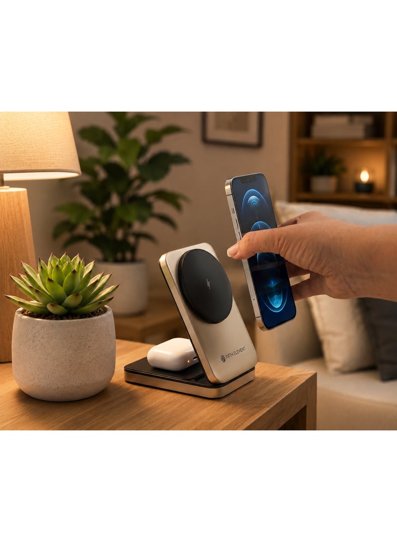 FIFTH ELEMENT ORBIT 3-in-1 15W MagSafe-Compatible Wireless Charging Station for iPhone 8 and above, Apple Watch & AirPods, Foldable Aluminum Dock – Gold - Image 3