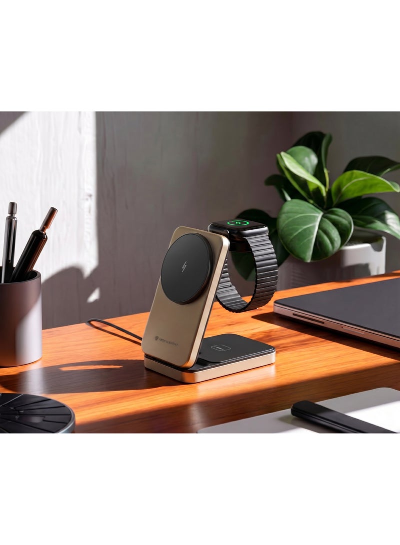FIFTH ELEMENT ORBIT 3-in-1 15W MagSafe-Compatible Wireless Charging Station for iPhone 8 and above, Apple Watch & AirPods, Foldable Aluminum Dock – Gold - Image 5