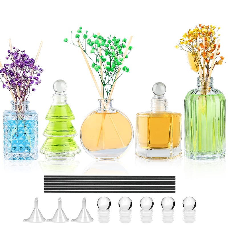 Diffuser Glass Bottles Empty Set of 5 DIY Clear Decorative Bottles Fragrance Vase Reed Diffusers Container with Sticks for Home Office Wedding Valentine Decor Car Replacement Girl Women