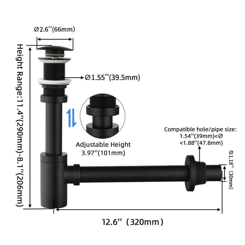GORDEE Bathroom Sink Stopper P-Trap Complete Set Adjustable 1-1/4 Bottle Trap Solid Brass Sink Drain Kit Tube and Pop Up Drain Stopper Set Without Overflow, Matte Black - Image 3