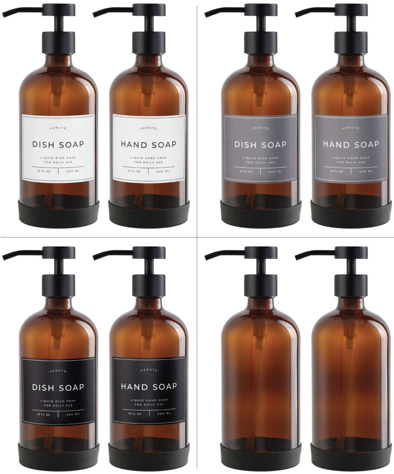 Verute 16oz Glass Soap Dispenser with Stainless Steel Pump, 21 Waterproof Labels, Non-Slip Protective Silicone Pad, Set of 2 for Bathroom & Kitchen (Amber Bottle/Black Pump) - Image 5