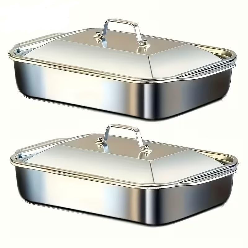Touchcart 2PCS Stainless Steel Serving Tray with Lid 32×19×6 CM Heavy-Duty Deep Buffet, Roasting, Baking, Steam Table & Meal Prep Pan Set for Home, Catering, Restaurant Rustproof, Oven Dishwasher Safe - Image 1