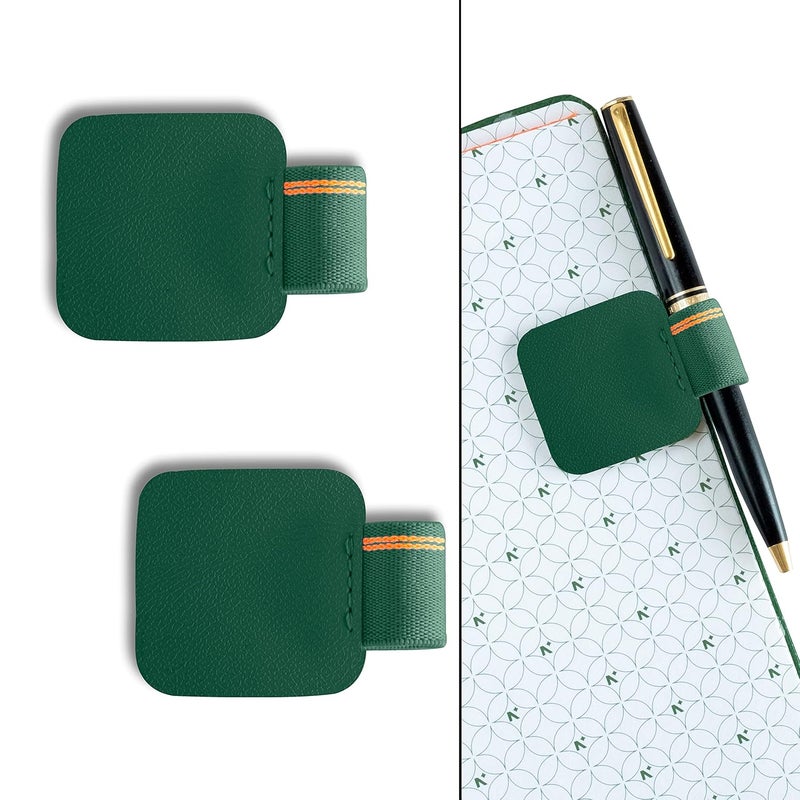 NEORAH — Pen Loop for diaries, planners , journals, notebooks, sketchbook | Pack of 2 | Self adhesive pen loop holder | Peel & Stick | Elastic Loop for pen even for big barrels | Durable vegan leatherette - Size (5.5 cm x 4 cm ) – Dark Green - Image 1