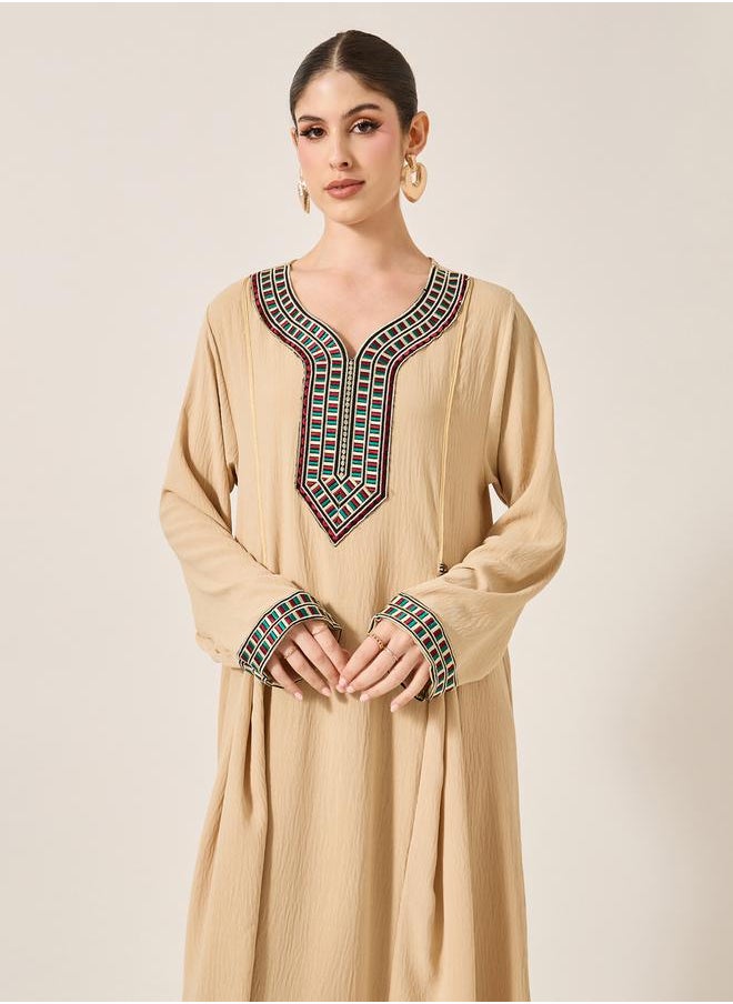 Styli - Embroidered Patch Work Pleated A-Line Jalabyia - Image 1