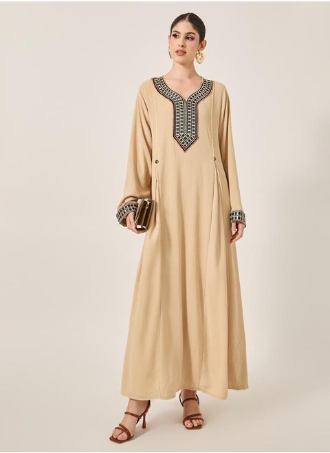 Embroidered Patch Work Pleated A-Line Jalabyia