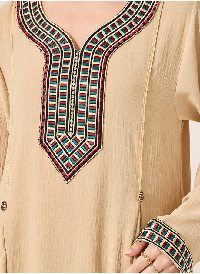 Styli - Embroidered Patch Work Pleated A-Line Jalabyia - Image 1