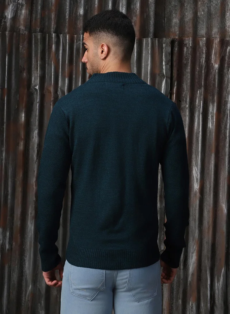 HIGH STAR Men's Teal 100% Acrylic Solid Regular Fit Sweater