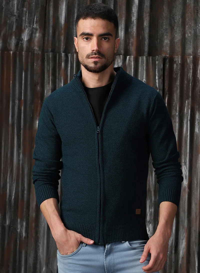 HIGH STAR Men's Teal 100% Acrylic Solid Regular Fit Sweater