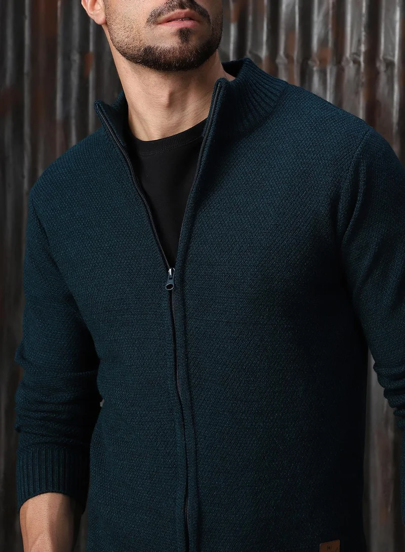 HIGH STAR Men's Teal 100% Acrylic Solid Regular Fit Sweater