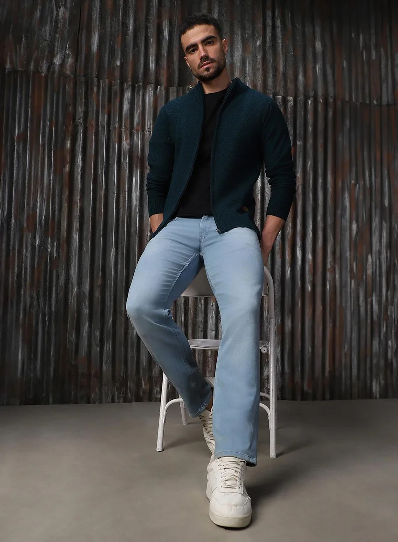 HIGH STAR Men's Teal 100% Acrylic Solid Regular Fit Sweater