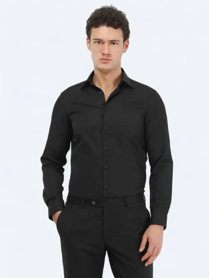 Kip Black Plain Slim Fit Weaving Classical Cotton Blended Shirt