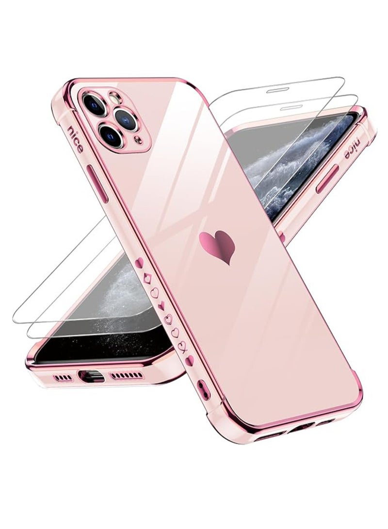 WRISTWISE Case Cover for iPhone 11 Pro Max: with Tempered Glass Screen Protector [2 Pcs]+ Full Camera Lens Protection,Love Heart Plating Girly Women Luxury Soft TPU Shockproof Case para i Phone 11 Pro Max, Pink - Image 1