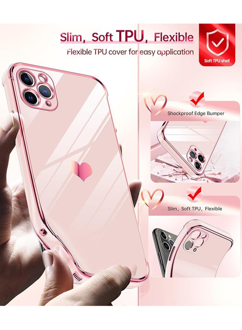 WRISTWISE Case Cover for iPhone 11 Pro Max: with Tempered Glass Screen Protector [2 Pcs]+ Full Camera Lens Protection,Love Heart Plating Girly Women Luxury Soft TPU Shockproof Case para i Phone 11 Pro Max, Pink - Image 3