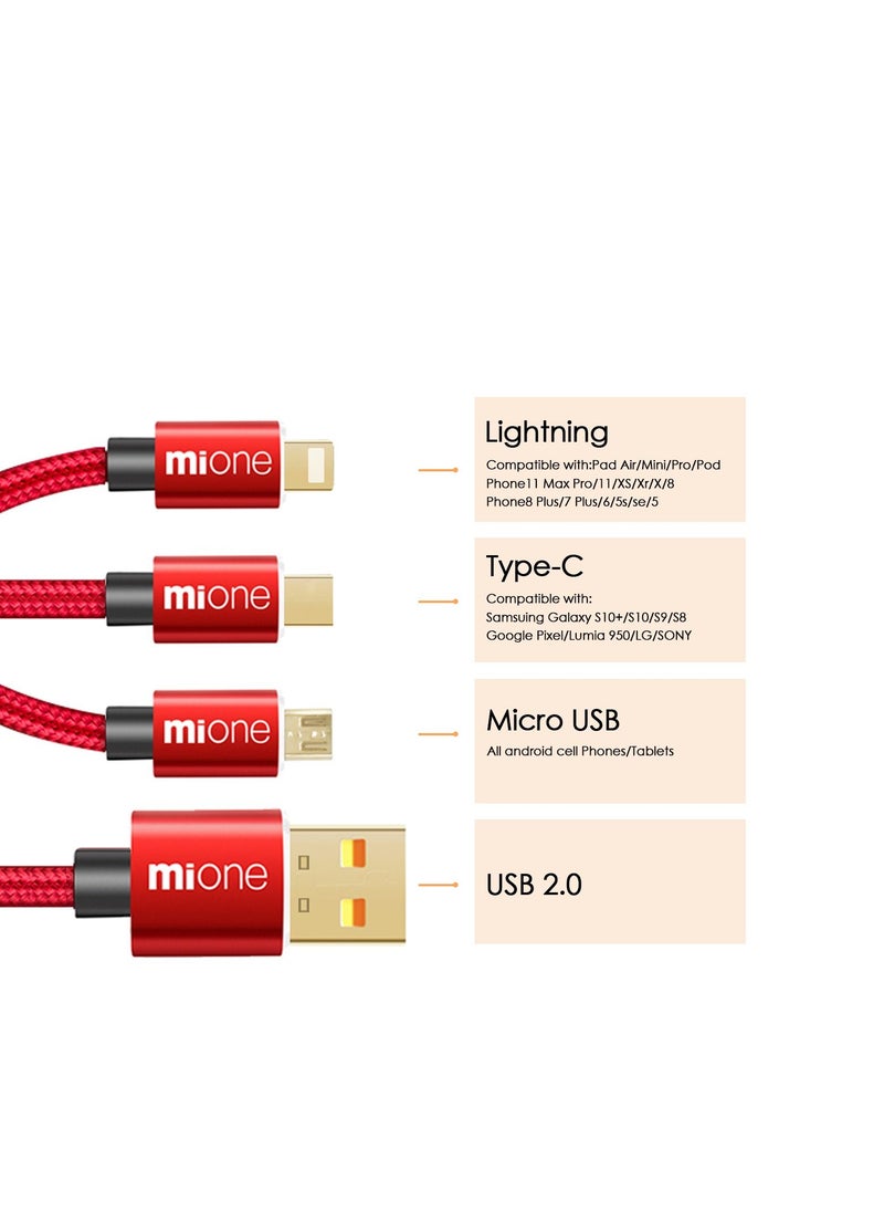 MiOne - MiOne Multi-function fasts Charger 3-in-1 Charging cable, Fast charging cables, Compatible with Samsung/Huawei/Type C/Micro USB connector, suitable for ios devices, Android, Micro USB, Type C smart phones, support fast Quick charge, smart 3-port charging cable - Image 1