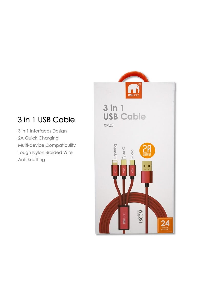 MiOne - MiOne Multi-function fasts Charger 3-in-1 Charging cable, Fast charging cables, Compatible with Samsung/Huawei/Type C/Micro USB connector, suitable for ios devices, Android, Micro USB, Type C smart phones, support fast Quick charge, smart 3-port charging cable - Image 1