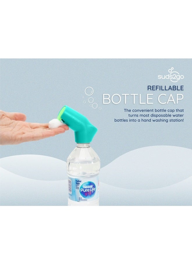 Suds2Go Refillable Caps, 2 Pack - Universal Fit Turns Most Disposable Water Bottles Into A Hand Washing Station - Includes Refillable Soap Reservoir - Conveniently Sized to Take on the Go - Teal  - Image 2