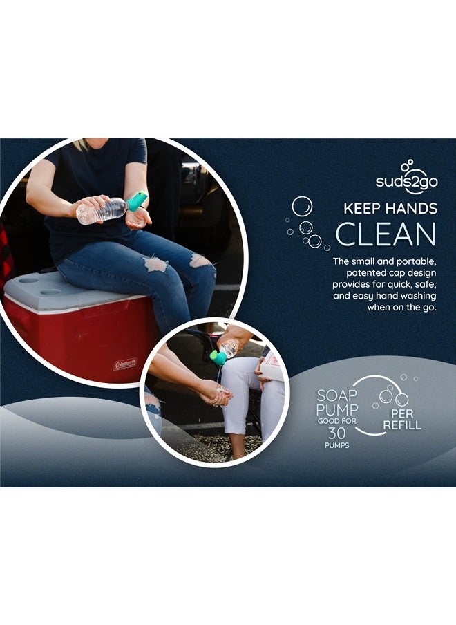Suds2Go Refillable Caps, 2 Pack - Universal Fit Turns Most Disposable Water Bottles Into A Hand Washing Station - Includes Refillable Soap Reservoir - Conveniently Sized to Take on the Go - Teal  - Image 3