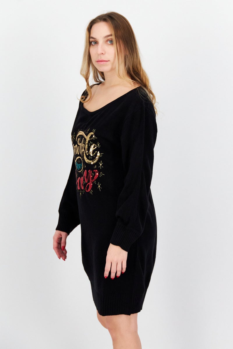 Threadbare Women Sequins Sweater Dress, Black - Image 2