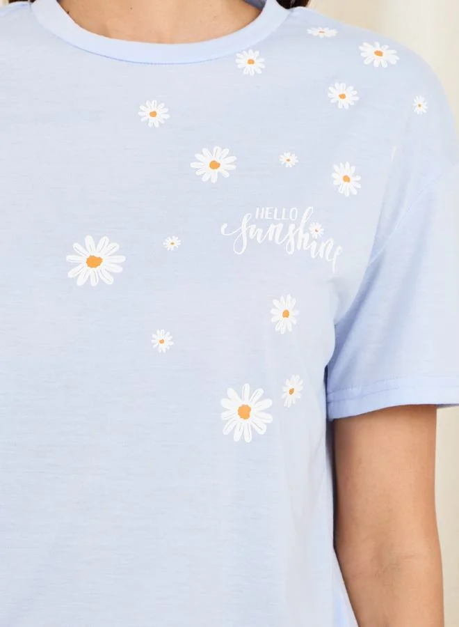 ستايلي Daisy Print Drop Shoulder T-Shirt and Melange Pyjama Set