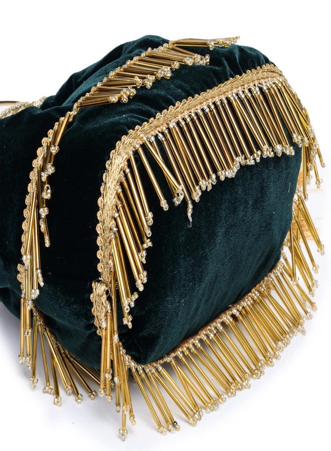 ATHZ Velvet Potli Handbag for Women with Gold Ring Top Handle & Golden Fringe - Structured Evening Bag for Wedding Party Festive Use, Dark Green - Image 4