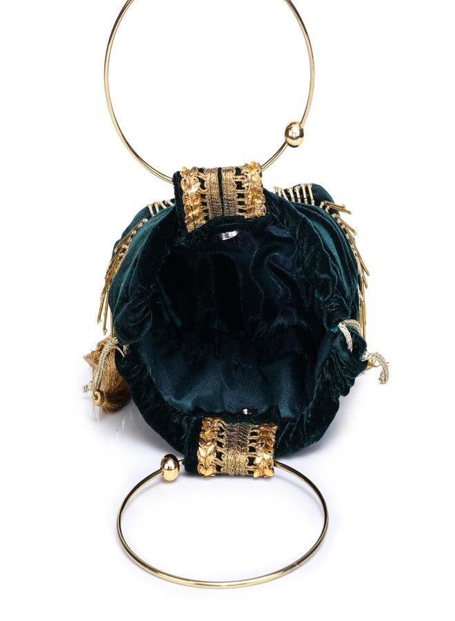 ATHZ Velvet Potli Handbag for Women with Gold Ring Top Handle & Golden Fringe - Structured Evening Bag for Wedding Party Festive Use, Dark Green - Image 3