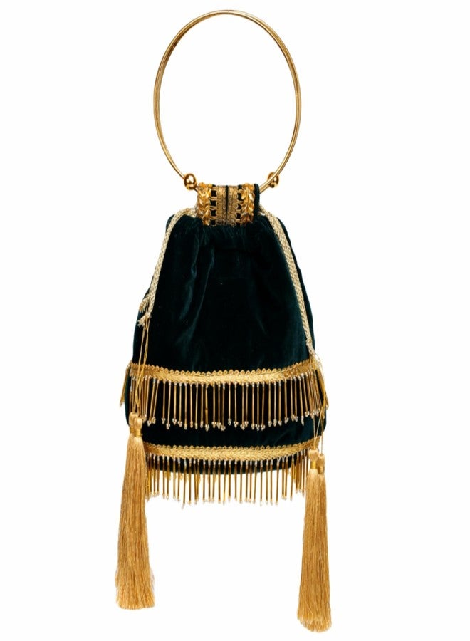ATHZ Velvet Potli Handbag for Women with Gold Ring Top Handle & Golden Fringe - Structured Evening Bag for Wedding Party Festive Use, Dark Green - Image 1