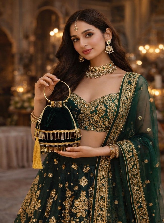 ATHZ Velvet Potli Handbag for Women with Gold Ring Top Handle & Golden Fringe - Structured Evening Bag for Wedding Party Festive Use, Dark Green - Image 2