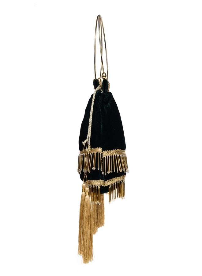 ATHZ Velvet Potli Handbag for Women with Gold Ring Top Handle & Golden Fringe - Structured Evening Bag for Wedding Party Festive Use, Dark Green - Image 5