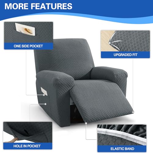 MAXIJIN Recliner Cover Slipcovers for Living Room 4 Pieces Stretch Jacquard Recliner Chair Cover Soft Fitted Recliner Protector with Elastic Bottom for Kids, Pets (Recliner, Dark Gray) - Image 3