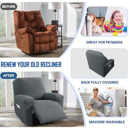 MAXIJIN Recliner Cover Slipcovers for Living Room 4 Pieces Stretch Jacquard Recliner Chair Cover Soft Fitted Recliner Protector with Elastic Bottom for Kids, Pets (Recliner, Dark Gray) - Image 5