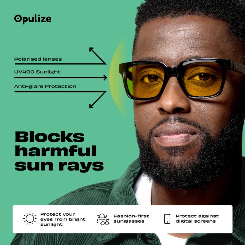 OPULIZE نظارات شمسية ERA للنساء والرجال، إطار مستطيل كبير مع مفصلات زنبركية، عدسات صفراء ملونة قطبية مع حماية UV400، مضادة للانعكاس ومضادة للتوهج، سوداء (عبوة من 1) - Image 5