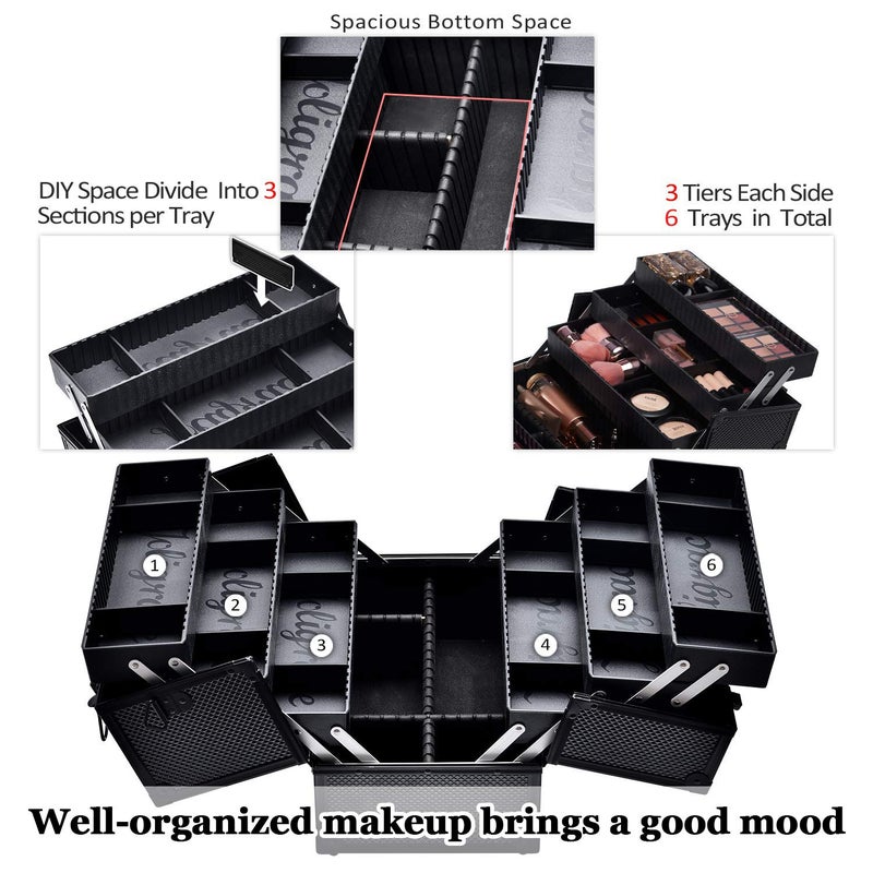 Joligrace Makeup Train Case Professional Adjustable - 6 Trays Cosmetic Cases Makeup Storage Organizer Box with Lock and Compartments 14 Inch Large Black - Image 2