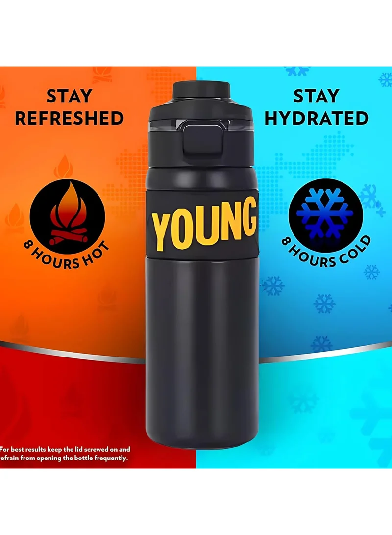 Mobcos 304 Stainless Steel Double Wall Vacuum Insulated Cup with Bounce Lid Straw 650ml Hiking Sports Water Bottle (Black)