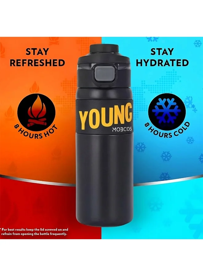 Mobcos black 304 Stainless Steel Double Wall Vacuum Insulated Cup with Bounce Lid Straw 650ml Hiking Sports Water Bottle (Black)  | Best Price UAE