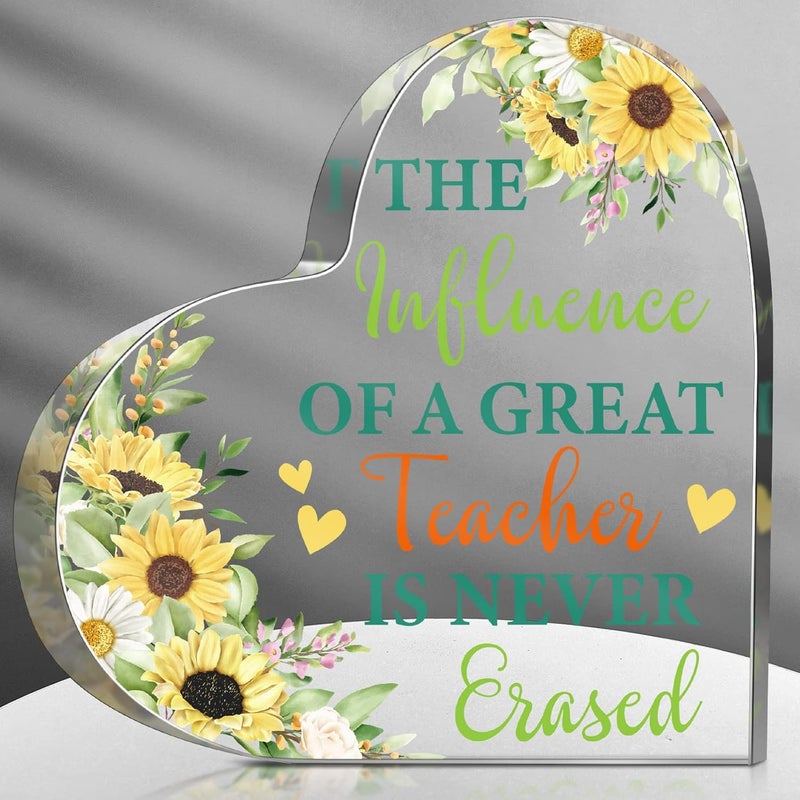 Perthlin Best Teacher Appreciation Gifts for Women Thank You Teacher Gifts from Student Graduation End of Year Acrylic Present for Office Desk Paperweight Keepsake Decor(Heart Sunflower) - Image 1