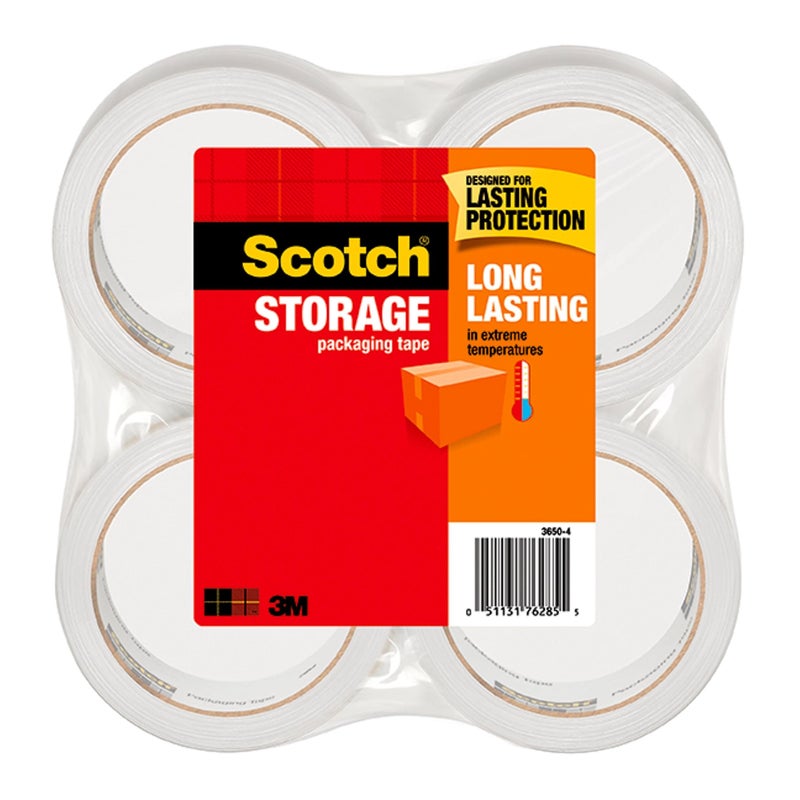 Scotch Long Lasting Storage Packaging Tape, 1.88" x 54.6 yd, Designed for Storage and Packing, Stays Sealed in Weather Extremes, 3" Core, Clear, 4 Rolls (3650-4) - Image 1