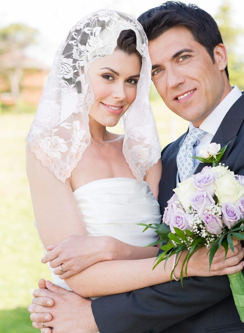 SOLARAE 2 Pieces Floral Lace Veil Head Covering Mantilla Veils Wedding Bridal Veil Headscarf Shawl Short Scarf Wrap Mass Head Cover for Bridal Women Wedding Photography Cosplay Party - Image 4