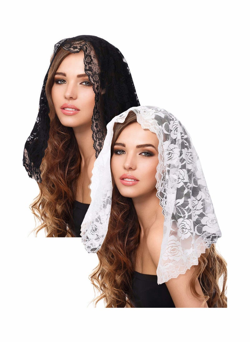 SOLARAE 2 Pieces Floral Lace Veil Head Covering Mantilla Veils Wedding Bridal Veil Headscarf Shawl Short Scarf Wrap Mass Head Cover for Bridal Women Wedding Photography Cosplay Party - Image 1
