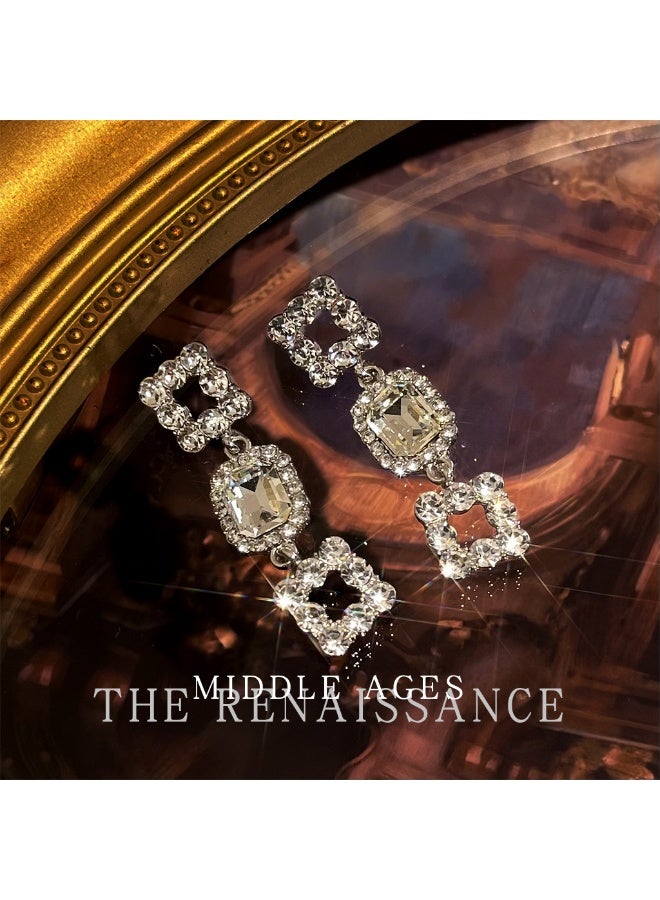 【Heiress】Full-Diamond Square Layered Long Earrings | Luxury Party Earrings - Image 1