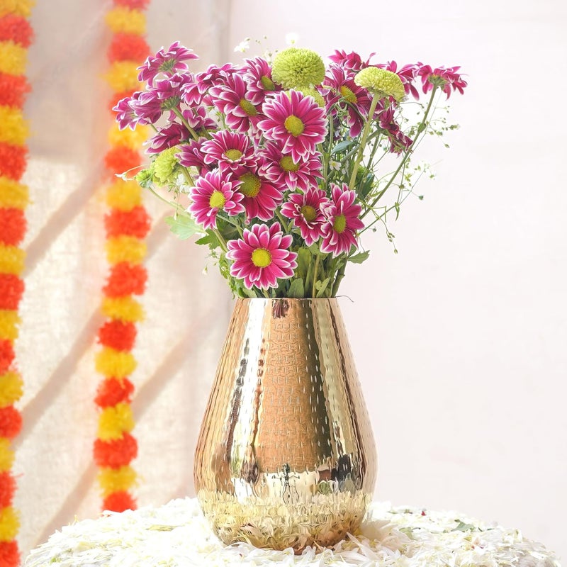 Behoma Drop Shape Metal Hammered Flower Vase for Home Decor vase for Office Table Decorations Modern vase Gift for Anniversary Festival 75 inches Golden 1 Pc Flowers not Included - Image 1