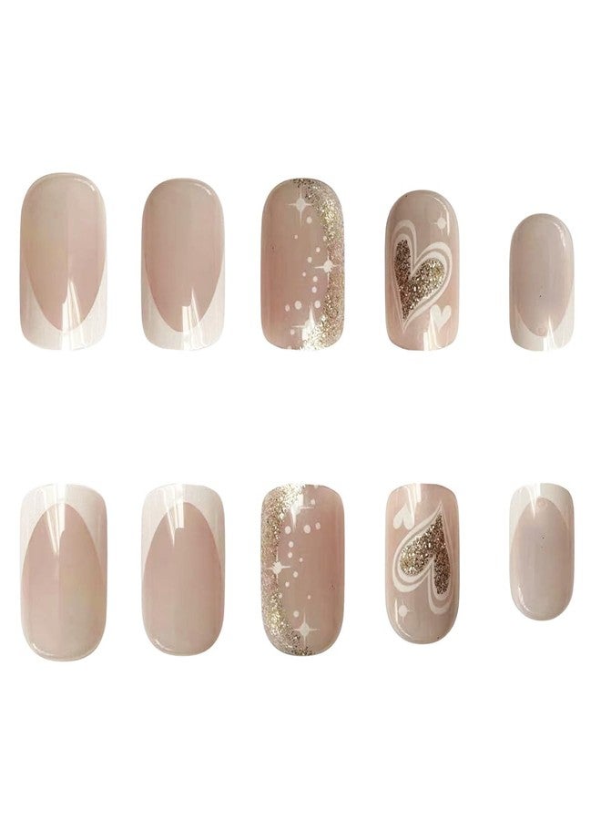YKZFUI 24 Pcs Nude Press on Nails Short Square Fake Nails with Heart & Valentine's Day Design French Tip Square Shape Glue on Nails, Glitter and Cute Press on False Nails for Women Girls Manicure Decoration - Image 2