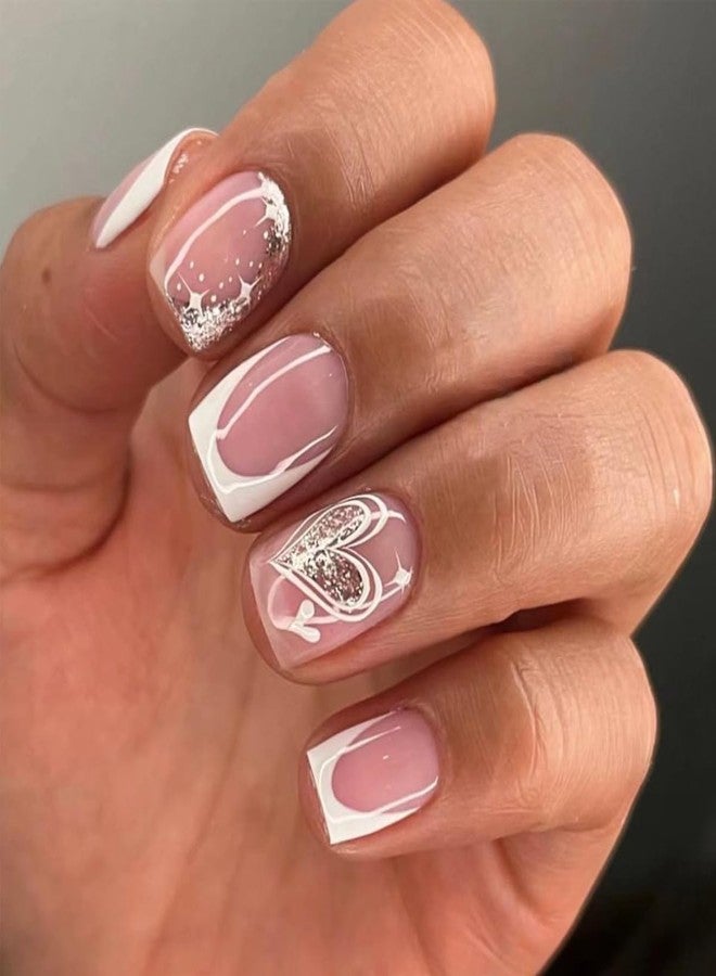 YKZFUI 24 Pcs Nude Press on Nails Short Square Fake Nails with Heart & Valentine's Day Design French Tip Square Shape Glue on Nails, Glitter and Cute Press on False Nails for Women Girls Manicure Decoration - Image 1
