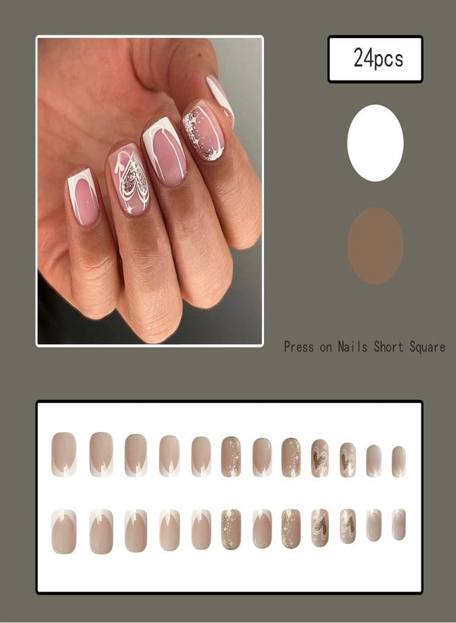 YKZFUI 24 Pcs Nude Press on Nails Short Square Fake Nails with Heart & Valentine's Day Design French Tip Square Shape Glue on Nails, Glitter and Cute Press on False Nails for Women Girls Manicure Decoration - Image 4