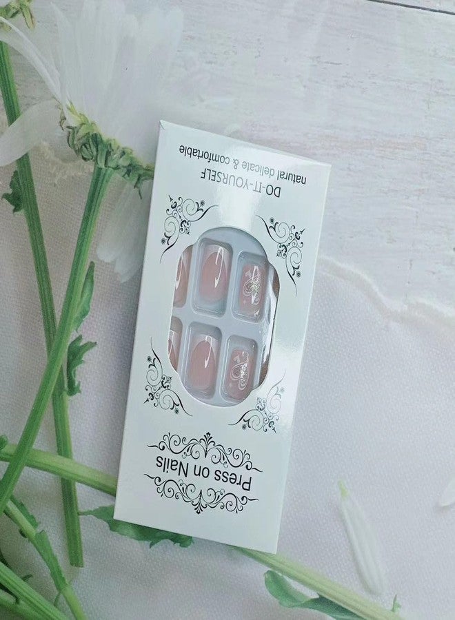YKZFUI 24 Pcs Nude Press on Nails Short Square Fake Nails with Heart & Valentine's Day Design French Tip Square Shape Glue on Nails, Glitter and Cute Press on False Nails for Women Girls Manicure Decoration - Image 5