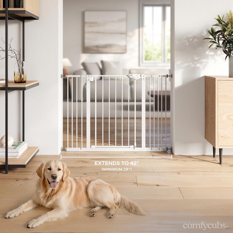 Comfy Cubs بوابة أمان الأطفال من كومفي كابس مع 3 ملحقات قابلة للتعديل 42 × 19 × 30 حديد Q195 لحواجز الأبواب بتشطيب مطلي بالبودرة للسلالم والأبواب تصميم سهل المرور بوابة للحيوانات الأليفة بيضاء - Image 4
