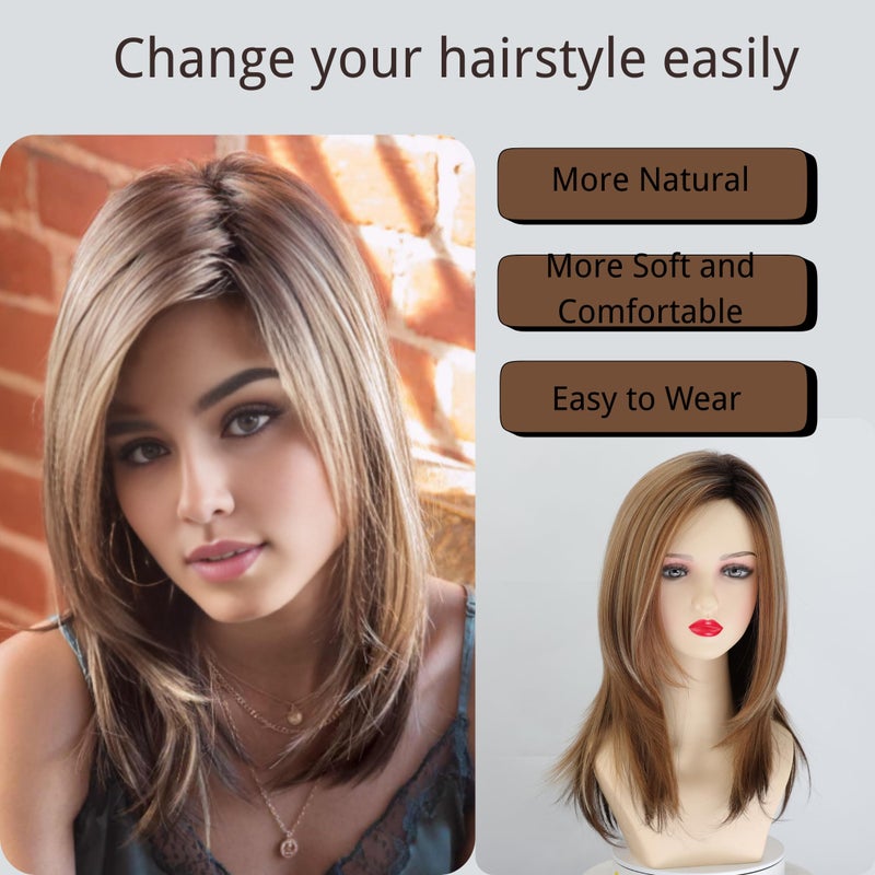 Fencca Layered Long Ombre Brown Highlight Wigs for White Women Straight Synthetic Hair Wig Natural Looking - Image 4