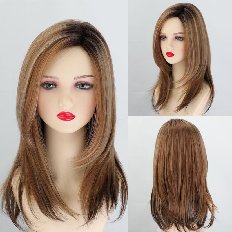 Fencca Layered Long Ombre Brown Highlight Wigs for White Women Straight Synthetic Hair Wig Natural Looking - Image 1