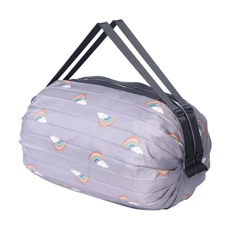 Waterproof Nylon Travel Single Shoulder Bag Quick Folding Portable Shopping Bag Large Storage For Groceries Rainbow gray shoulders 