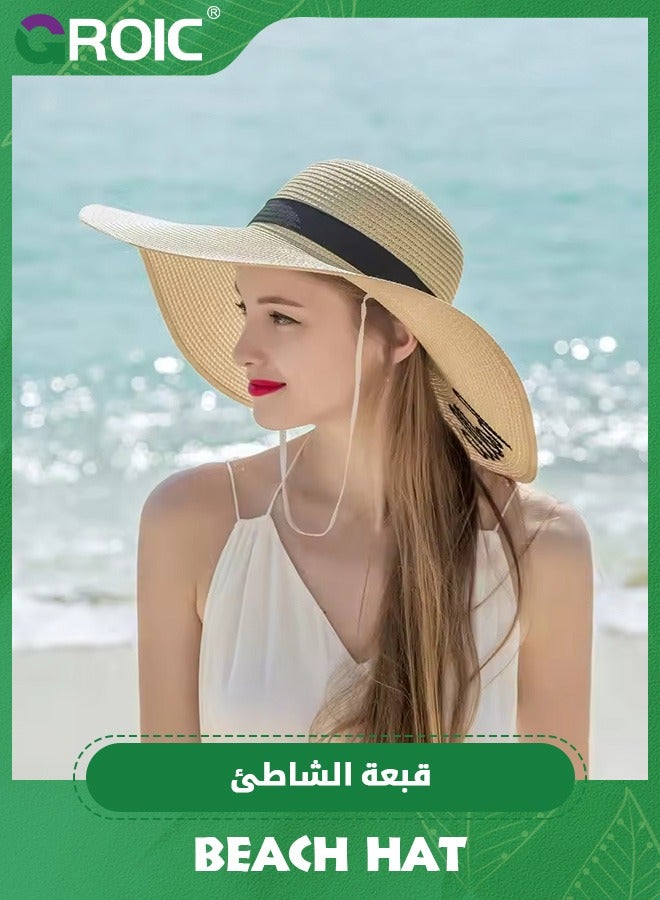 GROIC Sun Hat,Beach Hats for Women Big Straw Wide Brim Summer Hat Floppy Foldable Roll up Cap Sun Hat UPF 50+,Floppy Straw Visor Hat,Summer UV Protection Beach Cap - Image 2